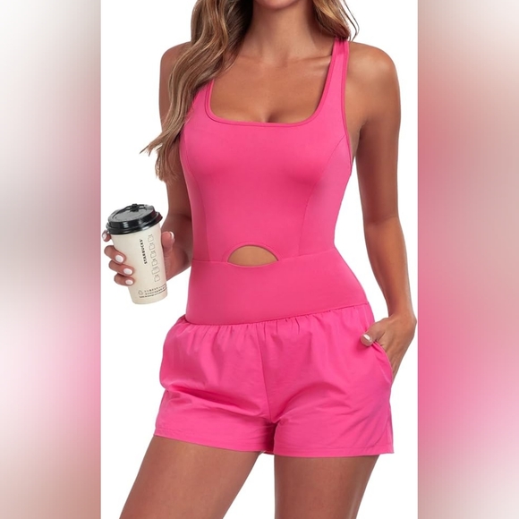 NEW Pink One Piece Racerback Workout Shorts Romper - Picture 1 of 5